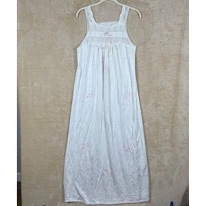 Vintage Deena White Pink Floral Lace Trim Nylon‎ Nightgown Sleep Dress Medium